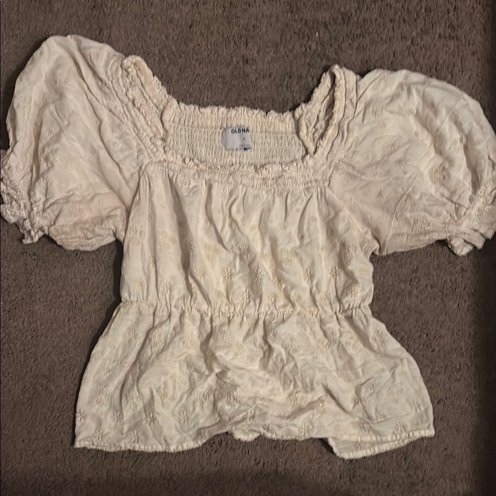 Old Navy Cream Smocked Puff Sleeve Blouse